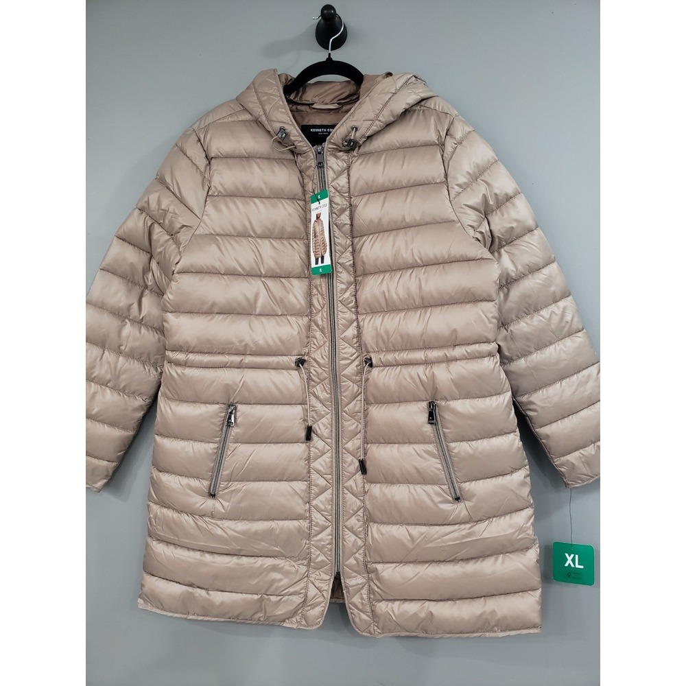 NEW XL Kenneth Cole Womens Puffer Coat Anorak‎ Jacket Brown Hooded Quilted Taupe
